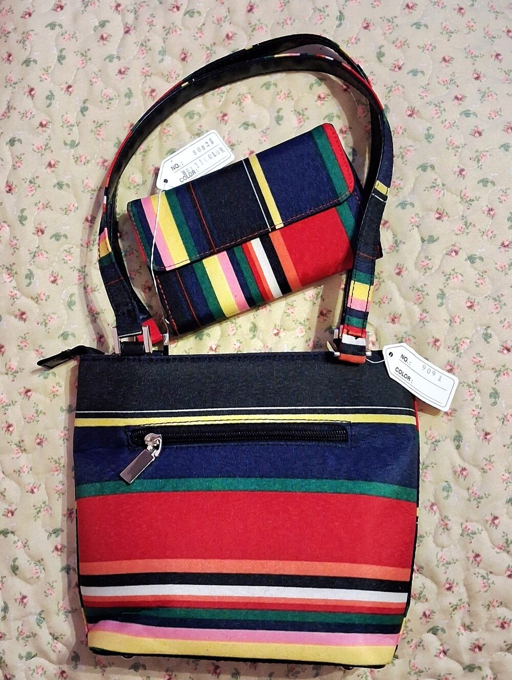 Vintage Multicolor Striped Canvas Shoulder Bag/Purse & Matching Wallet Set Y2K